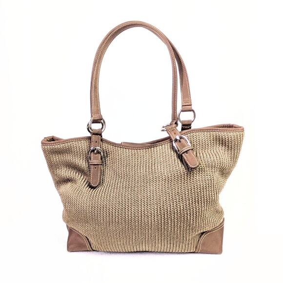 Pre-owned The Sak Crochet Knit Woven Shoulder Bag – Taupe with Brown Trim - Picture 3 of 6